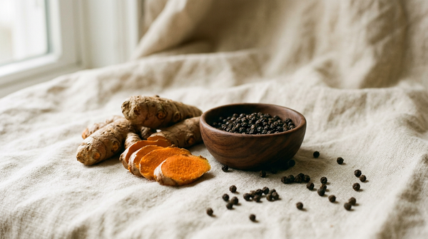 Fresh turmeric root, sliced to show the orange interior, beside a wooden bowl of whole black peppercorns