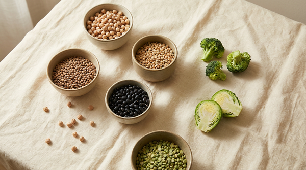 Ceramic bowls of chickpeas, lentils, black beans and split peas beside broccoli and a halved brussels sprout