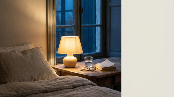A quiet bedside table at dusk with a low warm lamp, a glass of water and a folded book