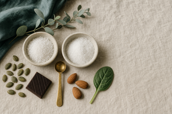 Two small ceramic dishes of magnesium powder beside pumpkin seeds, almonds, dark chocolate and a spinach leaf on linen.