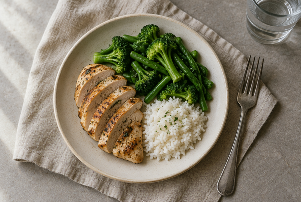 An overhead view of a simple lunch of grilled chicken, green vegetables and rice on a pale ceramic plate, on linen and grey stone