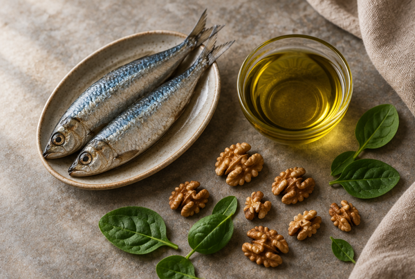An overhead still life of sardines, a glass bowl of olive oil, walnuts and spinach leaves on grey stone and linen