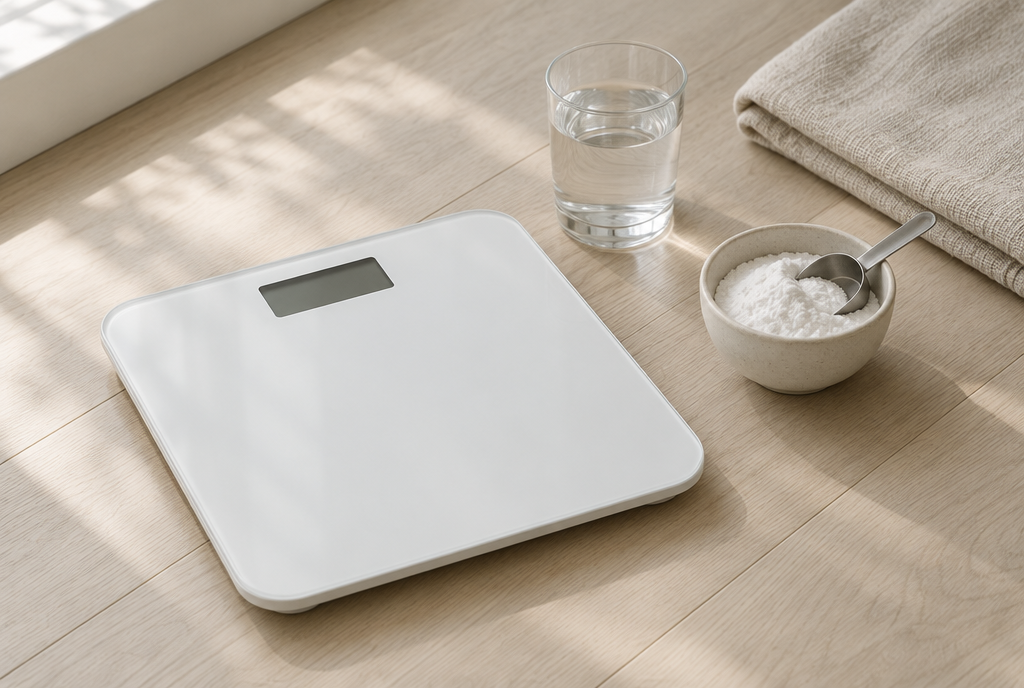 A plain white bathroom scale on a wooden floor beside a glass of water and a small bowl of white powder