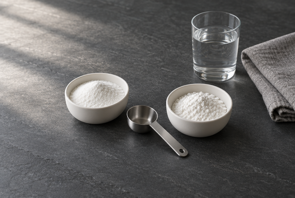 Two bowls of fine white powder with a steel measuring scoop and a glass of water on dark slate