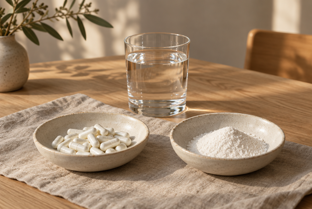 Two ceramic dishes, one of white capsules and one of white powder, with a glass of water on an oak table