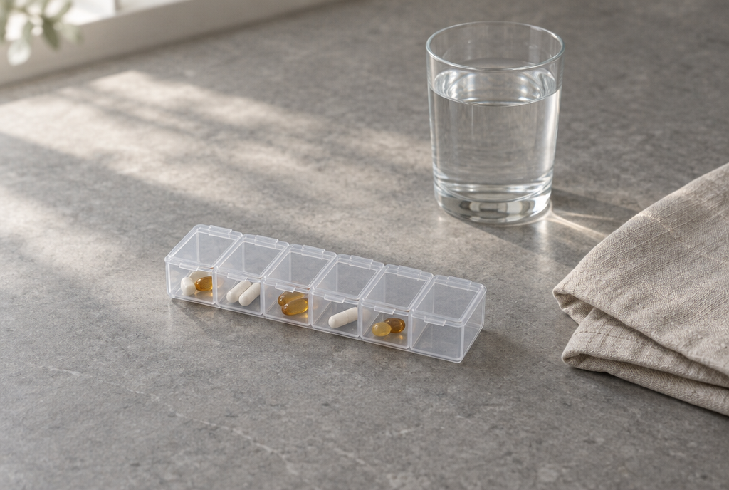 A clear weekly pill organiser with a few capsules and softgels beside a glass of water on a grey stone worktop