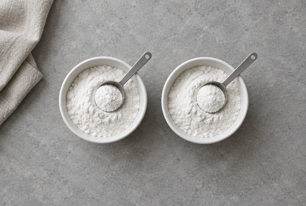 Two white ceramic bowls of fine white powder side by side, each with a steel measuring scoop, on grey stone