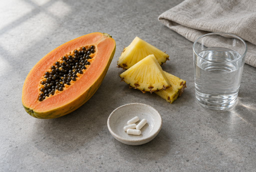 A halved papaya, fresh pineapple wedges and a small dish of plain white capsules beside a glass of water on grey stone