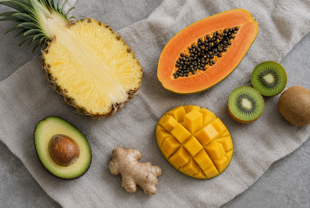 Overhead view of halved pineapple, papaya, kiwi, cubed mango, avocado and fresh ginger on linen