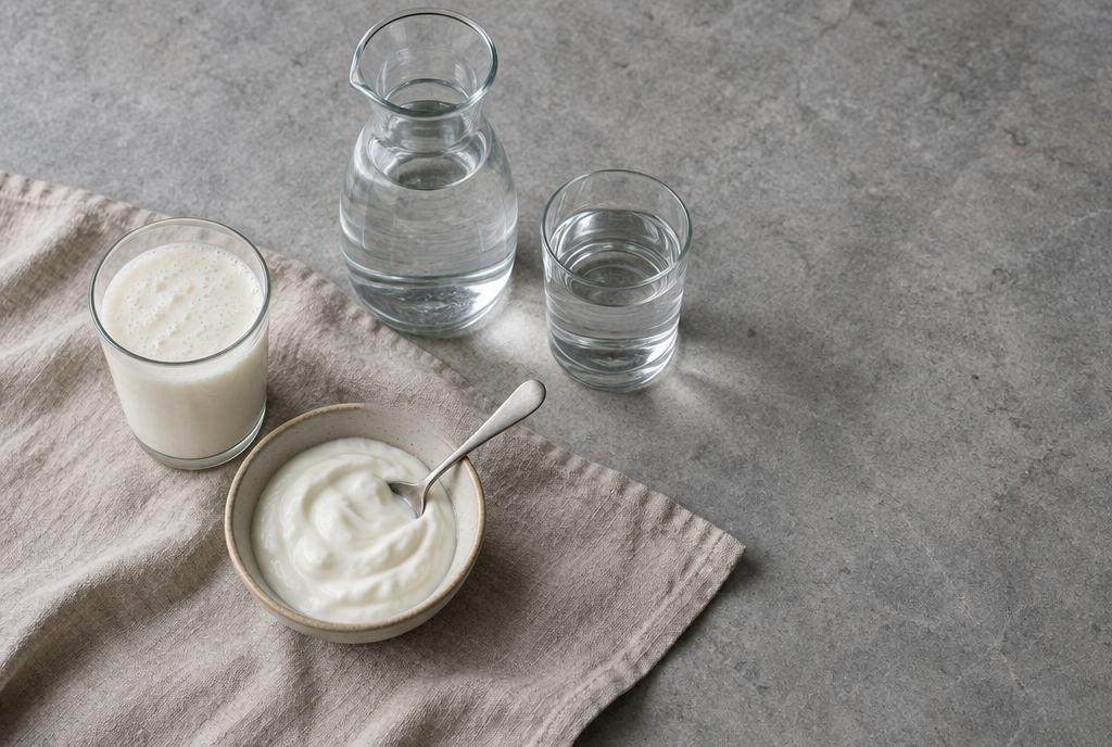 A glass of kefir, a bowl of plain yogurt and a carafe of water on linen and grey stone