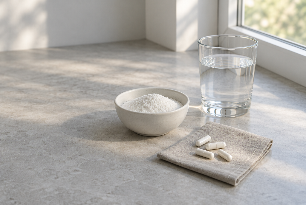 A small ceramic bowl of fine white powder, a few white capsules on linen and a glass of water by a window